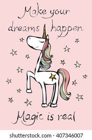 Vintage poster with stylish unicorn and hand written text magic is real. Vector trendy princess unicorn style greeting card design, t-shirt print, inspiration poster. 