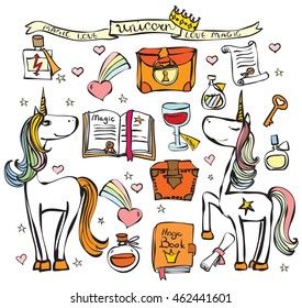 Vintage poster with stylish unicorns and magic things 