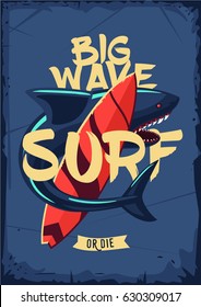 Vintage poster with surfboard and shark. Extreme sport.