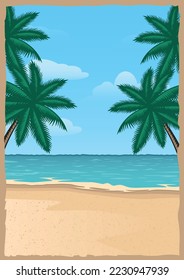 Vintage poster with a surfing beach and palms 