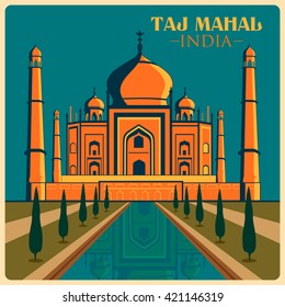 Vintage Poster Of Taj Mahal In Uttar Pradesh, Famous Monument Of India . Vector Illustration