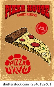 Vintage poster with tasty pizza on grunge background.