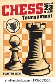 Vintage poster template for chess tournament with rook and pawn on chess board. Retro sign design. Chess vector.