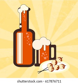 Vintage poster template for cold beer and two wooden balls placed on a plate.