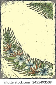 Vintage poster template features a surf theme with tropical beach elements, including palm leaves and exotic flowers, framed with a grungy textured background for a retro aesthetic. Text space.