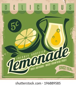 Vintage poster template for lemonade. Retro banner design with food and drink concept. Promotional printing material for healthy product.
