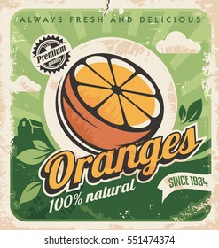 Vintage Poster Template For Orange Farm. Fruit Retro Label Design. Vector Old Paper Texture Food Background.