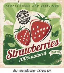 Vintage Poster Template For Strawberry Farm. Retro Fruit Label Design. Vector Old Paper Texture Food Background.