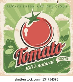 Vintage Poster Template For Tomato Farm. Retro Vegetables Label Design. Vector Old Paper Texture Food Background.