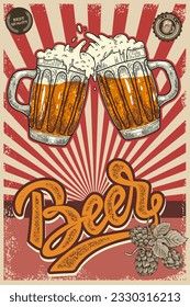 Vintage poster template with two toasting beer mugs. Vintage beer mugs. For poster, menu, banner.