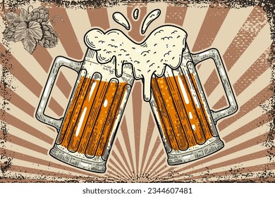 Vintage poster template with two toasting beer mugs. Vintage beer mugs. For poster, menu, banner.