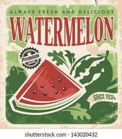 Vintage poster template for watermelon farm. Retro vegetables and fruit label design. Vector old paper texture food background.