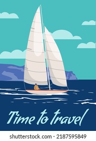 Vintage Poster Time To Travel sailing ship on the ocean, sea. Tropical cruise, summertime travel vacation. Vector illustration retro