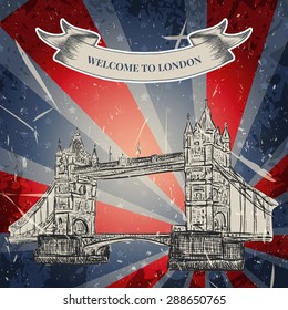 Vintage poster with Tower Bridge on the grunge background. Retro hand drawn vector illustration in sketch style ' I love London'