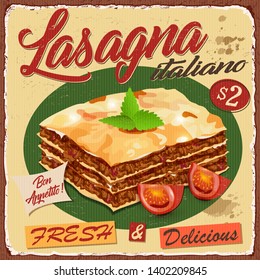 Vintage poster with traditional italian  baked lasagna with meat mince.