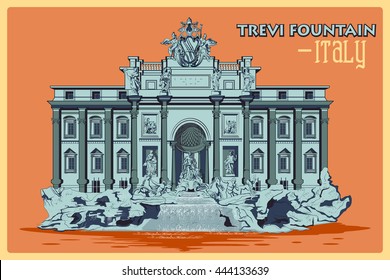 Vintage poster of Trevi Fountain In Rome, famous monument of Italy. Vector illustration