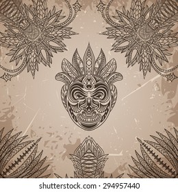 Vintage poster with Tribal mask on the grunge background over ornate pattern. Retro hand drawn vector illustration