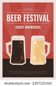 Vintage poster with two big beer mugs. Drink festival invitation design. Glass beverage goblet icons. Retro layout for pub, bar, event, offer advertising. Bright flat graphic concept. Old style art