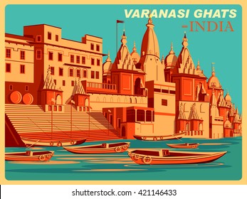 Afiche vintage de Varanasi Ghats de Uttar Pradesh, famoso lugar en India. Ilustración del vector