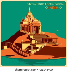 Vintage poster of Vivekananda Rock Memorial in Kanyakumar, famous monument of India . Vector illustration