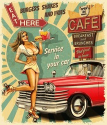 Vintage-Poster Mit Kellnerin Auf Rollschuhen Und Retro-Car.1950er-Stil Diner Kellnerin.