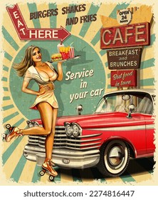 Vintage  poster  with waitress on roller skates and retro car.1950s style diner waitress. svg