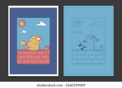 vintage poster or wall decor art with a cute cartoon cat character, vector illustration