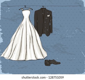 Vintage poster with with a wedding dress and tuxedo. Vector illustration EPS8
