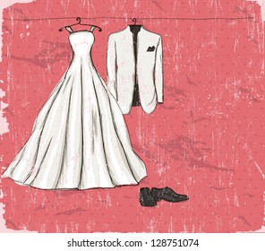 Vintage poster with with a wedding dress and tuxedo. Vector illustration EPS8