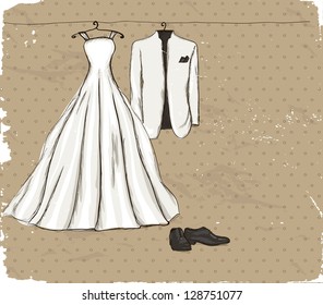 Vintage poster with with a wedding dress and tuxedo. Vector illustration EPS8