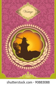 Afiche vintage con molino de viento. Ilustración vectorial.