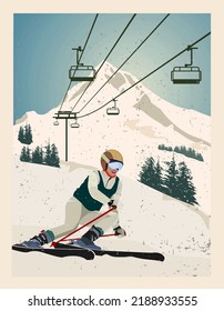 Vintage Poster. Winter Background. Mountain Landscape With Ski Lift And Experienced Woman Skier Slides From The Mountain