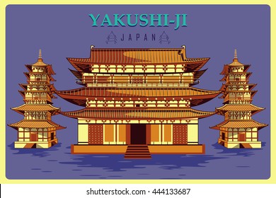 Vintage poster of Yakushi ji in Nara, famous monument of Japan. Vector illustration