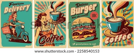 Vintage posters of the 50s, 60s. Fast food, coffee, burger, delivery. Set of vector postcards.