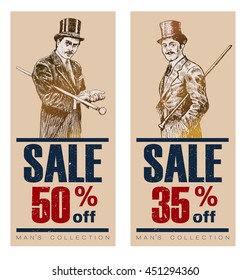 Vintage Posters, Banners or Flyers for End of Season. Biggest Sale with discount offer. Gentleman in a tuxedo and a top hat, holds a cane in hand. Vintage tags for premium quality and sale