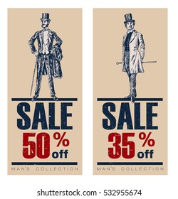 Vintage Posters, Banners or Flyers for End of Season. Biggest Sale with discount offer. Gentleman in a tuxedo and a top hat, holds a cane