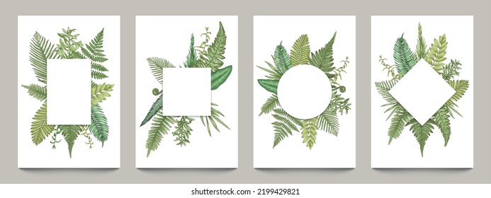 Vintage posters with botanical borders. Empty banners mockup with rural hand drawn herbs and leaves, blank wedding invitations and greeting cards. Vector set with round, square and rectangular frames