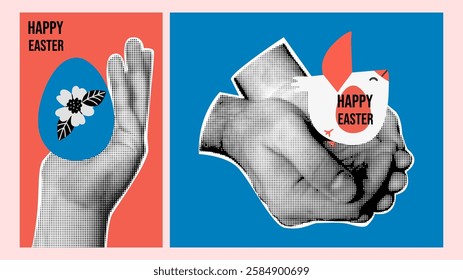 Vintage posters with halftone hands, egg and bird for Happy Easter. Design greeting posters. 