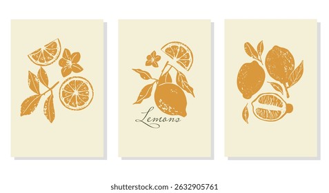 Vintage posters set with hand-drawn lemon. Elegant botanical illustration of lemon fruits, flowers, leaves. Textured woodcut art with vintage engraving aesthetics.