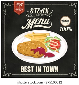 Vintage Poster.steak menu. Set on the chalkboard.Design in retro style