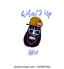 Vintage poster.With a monkey face with hat glasses. What's up- unique hand drawn lettering. T-shirt, bag design, poster, greeting card illustration. Vector typography.