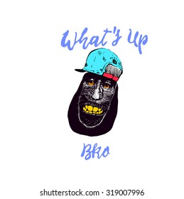 Vintage poster.With a monkey face with hat glasses. What's up- unique hand drawn lettering. T-shirt, bag design, poster, greeting card illustration. Vector typography.