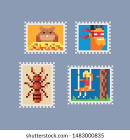 Vintage postmark template pixel art icon, hamster, superhero, ant, girl on a swing. Design for logo, sticker and mobile app. Сartoon flat style. Isolated vector illustration. 