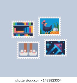 Vintage postmark template pixel art icon, books, chicken, slippers and spaceship. Design for logo, sticker and mobile app. Сartoon flat style. Isolated vector illustration. 