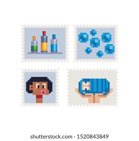 Vintage postmark template pixel art icon, paints, bubbles, baby in hands, abstract face. Design for logo, sticker and mobile app. Isolated vector illustration.  