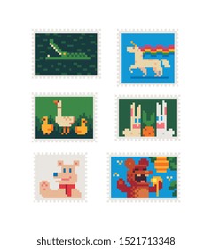 Vintage postmark template pixel art icon, crocodile, unicorn with a rainbow mane, duck with ducklings, hares, bear. Design for logo, sticker and mobile app. Isolated vector illustration.  