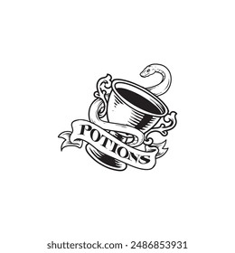 Vintage Potion Cup with Snake and Banner Illustration