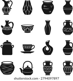 Vintage pottery and earthenware collection vases jars pots teapots cups platters with intricate traditional designs.
