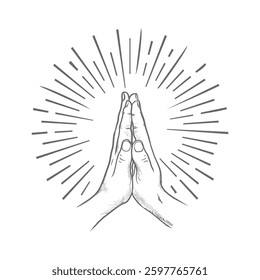 Vintage praying hand vector art with light stroke. Retro style praying hand gesture vector lineart