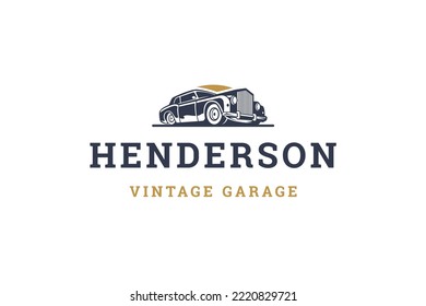 Vintage premium automobile service shop store workshop garage minimalist logo design template vector illustration. Retro luxury transportation community classic antique machine vehicle rent emblem